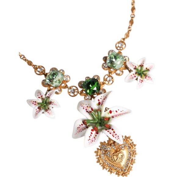 Dolce & Gabbana Gold Brass Lily Crystal Sacred Heart Pendant Women\'s Necklace